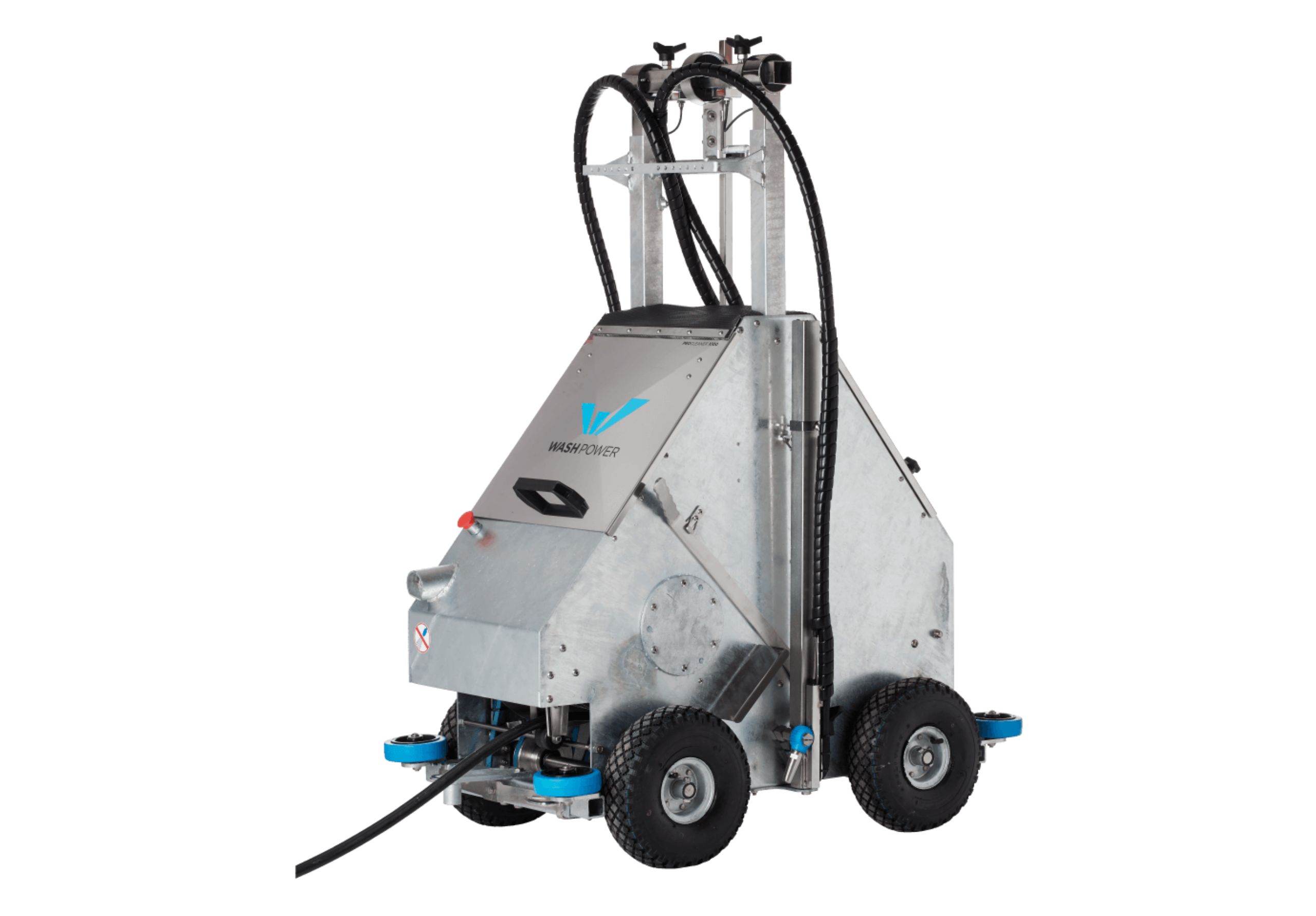 Afbeelding van de schoonmaakrobot Washpower X100, ontworpen voor het reinigen van varkensstallen. Deze wordt verkocht door JWT Techniek in Aalten.