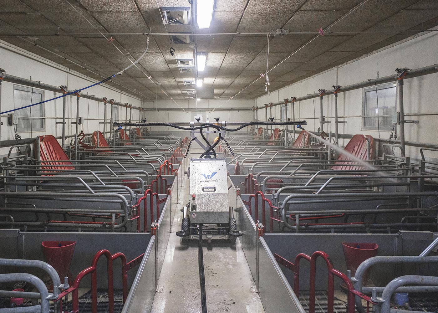 Afbeelding van de schoonmaakrobot Washpower X100, ontworpen voor het reinigen van varkensstallen. Deze wordt verkocht door JWT Techniek in Aalten.